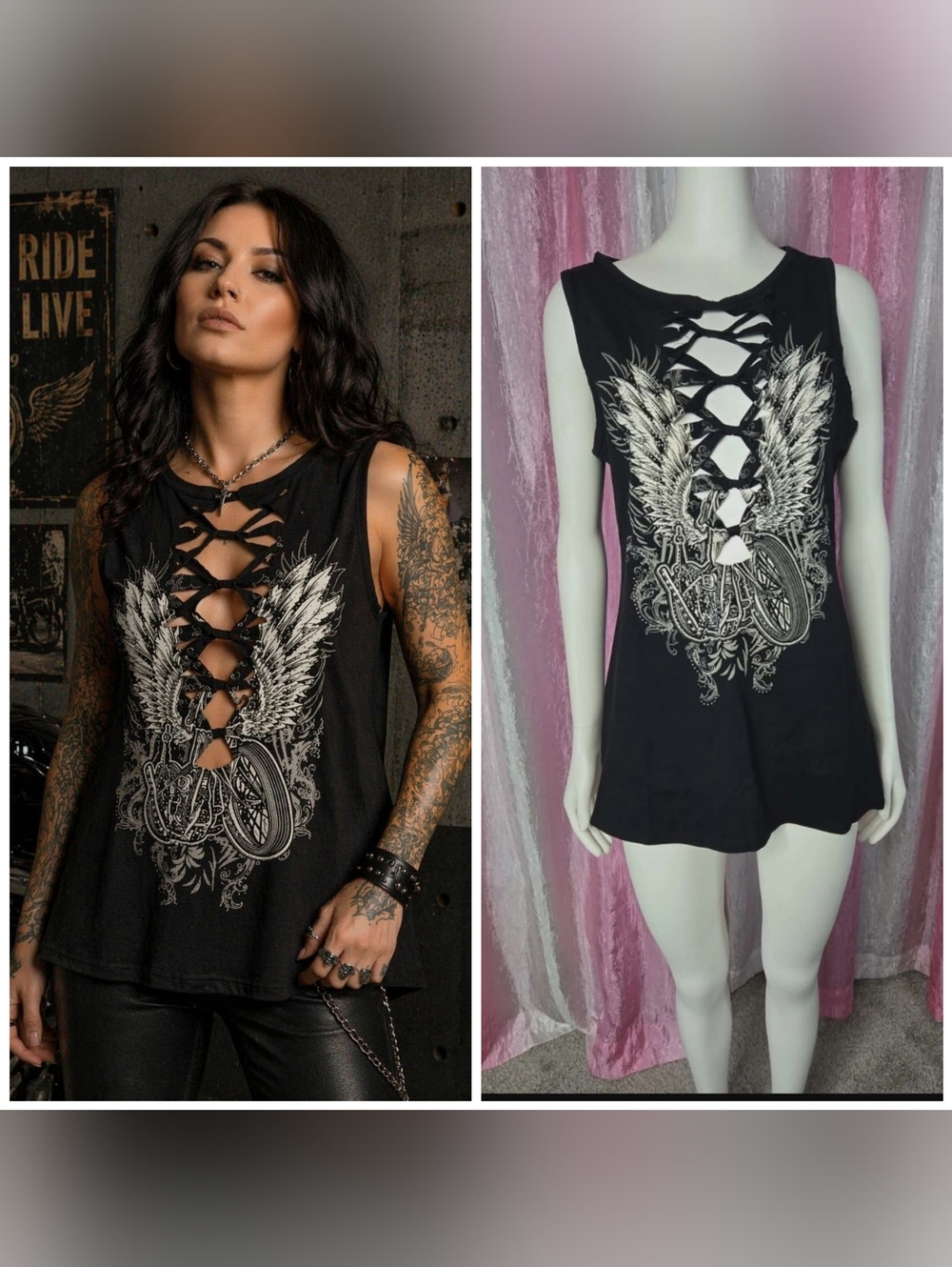 Platinum Plush Black Rhinestone Wings Biker Motorcycle Tank Top